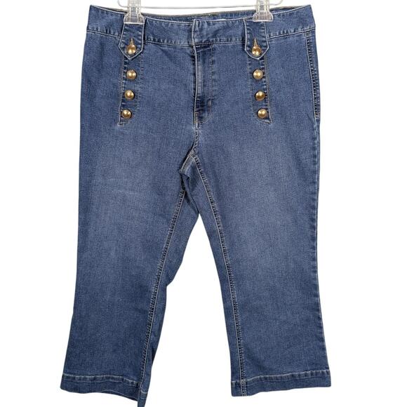 C EST 1946 Denim Capri Jeans Womens 14P Blue Hi-Rise Sailor Gold Button Stretch - Picture 1 of 8